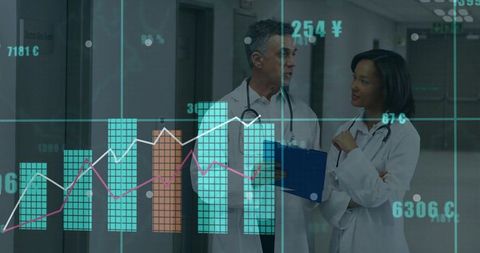 Doctors reviewing hospital analytics with data overlay and interactive charts