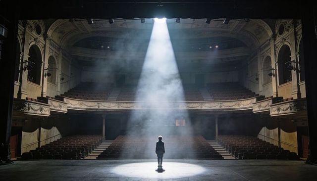 Solitary young performer standing in spotlight on empty historic theatre stage with atmospheric haze