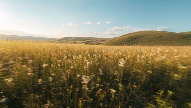 Panoramic sunlit wildflower meadow swaying in breeze across rolling hills at golden hour