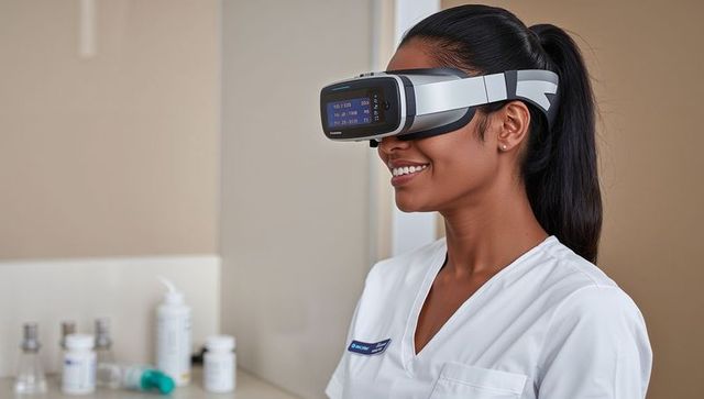 Nurse smiling and testing wearable diagnostic headset in modern clinic exam room