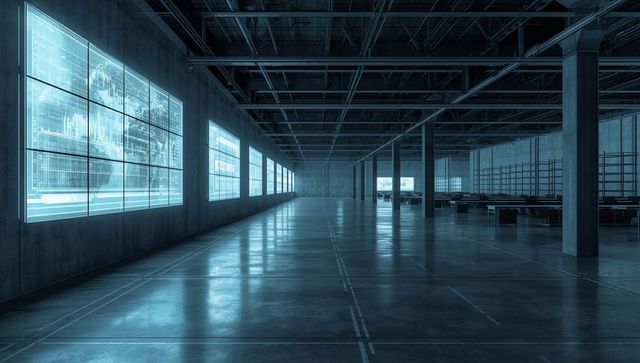 Futuristic control room with digital screens and industrial design