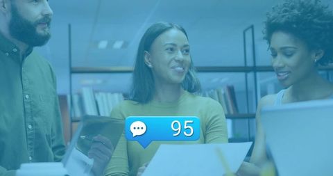 Modern office collaboration with digital communication bubble