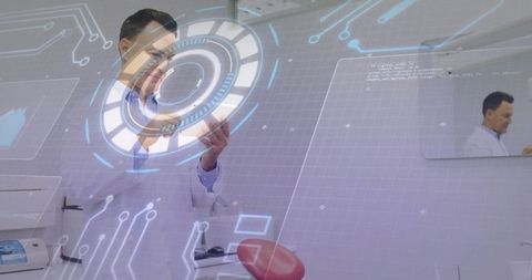 Research Scientist Interacting with Futuristic Holographic Interface