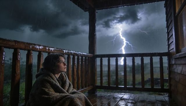 Woman wrapped in blanket sitting on wooden cabin porch gazing at striking lightning during stormy ni