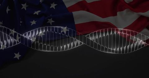 Translucent glass dna double helix overlaying united states flag on dark backdrop