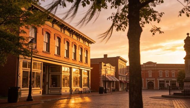 Golden-hour historic downtown street with glowing red-brick storefronts, cobblestone, sunset