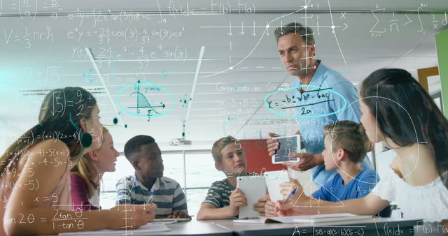 Image of mathematical equations floating over schoolchildren and teacher holding tablet and talking with classroom in the background. Education back to school concept digitally generated image.