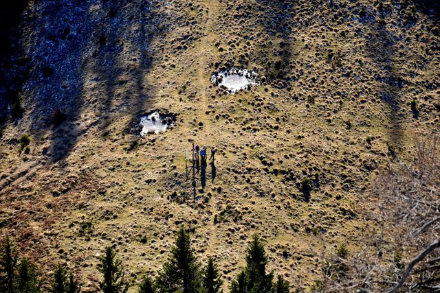 Aerial View of Hikers in Sunny Mountain Landscape - Download Free Stock Images Pikwizard.com