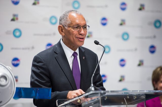 NASA Administrator Charles Bolden spoke at the Orion exhibit at the USA Science and Engineering Festival on April 25, 2014. The event was held to announce the winner of the Exploration Design Challenge. The goal of the Exploration Design Challenge was for students to research and design ways to protect astronauts from space radiation.The USA Science and Engineering Festival is taking place at the Washington Convention Center in Washington, DC on April 26 and 27, 2014. Photo Credit: (NASA/Aubrey Gemignani)