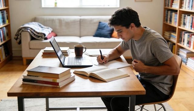 Focused male student studying at home desk with laptop and textbooks, writing notes