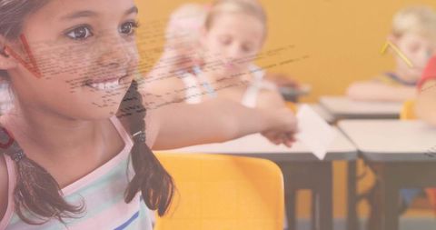 Smiling Girl in Vibrant Classroom Passing Note Between Desks