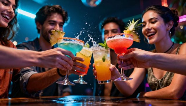 Friends clinking colorful cocktails at neon bar splashing drinks celebration