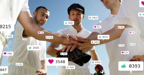 Cricket team united with social media elements symbolizing engagement