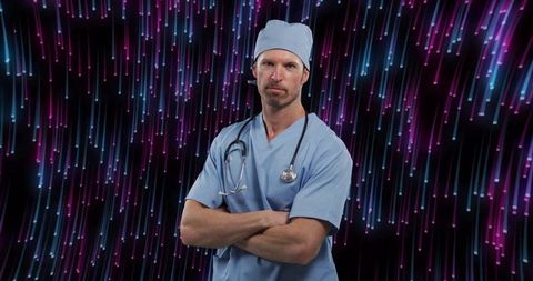 Confident surgeon wearing scrubs in futuristic studio