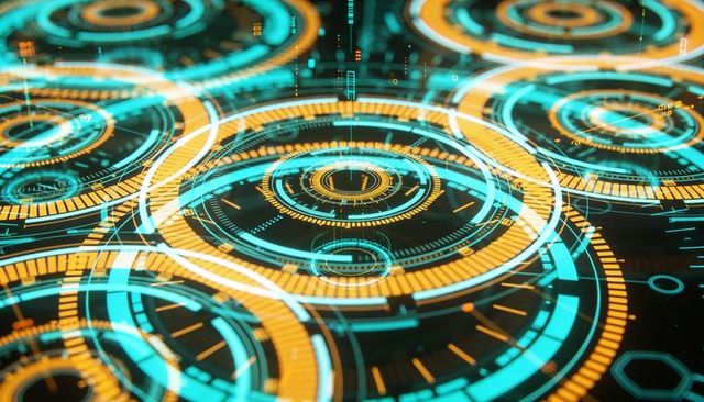 Displaying futuristic holographic HUD rings and neon data gauges on 3D cyber dashboard