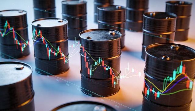 Crude Oil Market Volatility Illustrating Steel Barrels with Candlestick Trading Charts
