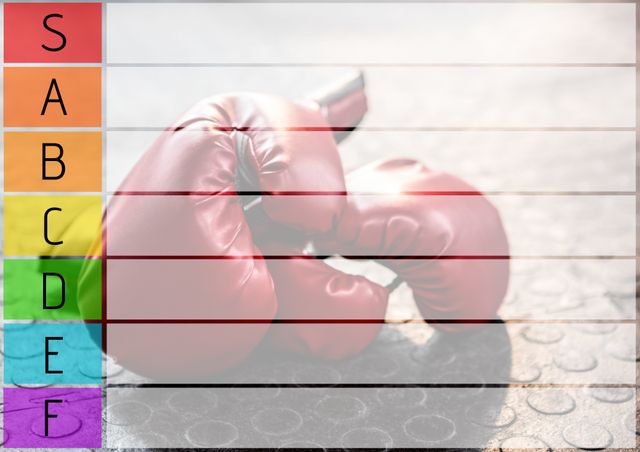 This image depicts red boxing gloves placed on a colorful tier ranking chart. Ideal for illustrating competition, sports performance analysis, and ranking systems. Suitable for sports websites, fitness blogs, and sports analytics presentations.
