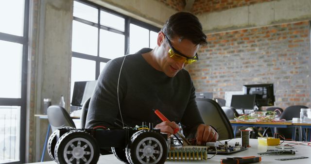 A young Caucasian man is focused on assembling or repairing a robotic vehicle, with copy space. He appears to be an engineer or technician working in a creative workshop environment.