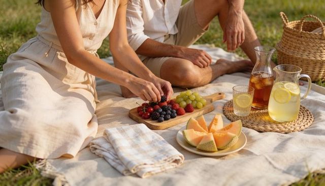 Couple enjoying sunlit picnic with fresh berries, cantaloupe, iced tea and lemonade on blanket