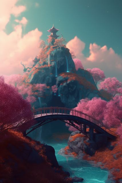 Landscape with japanese castle, bridge over river, mountains, created using generative ai technology. Scenic, nature and fairytale concept digitally generated image.