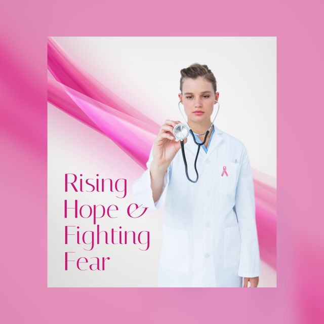 Female doctor raising awareness about breast cancer, holding stethoscope with a serious expression. Ideal for health campaigns, medical articles, support programs, and events related to breast cancer awareness and prevention. The pink background and ribbon symbolize support and hope for those battling the disease.
