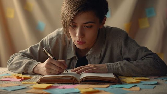 Focused Teen Writing in Notebook Surrounded by Colorful Sticky Notes
