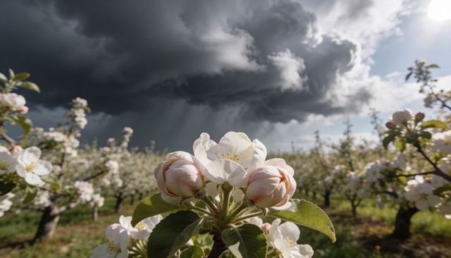 Backlit Apple Blossom Cluster in Orchard Against Dark Storm Clouds Dramatic Contrast