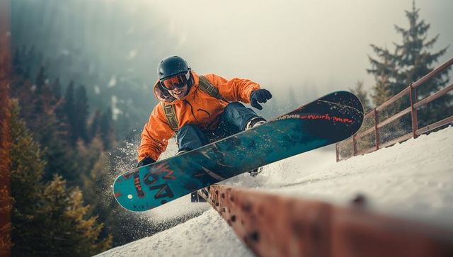 Adventurous snowboarder grinding rail in mountain park