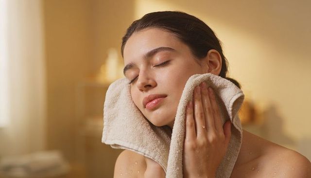 Relaxing skincare ritual showing woman patting face with towel and water droplets