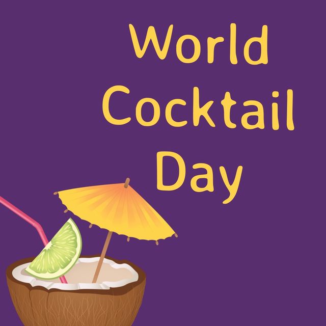 World cocktail day text banner with coconut cocktail icon against blue background. world cocktail day awareness concept