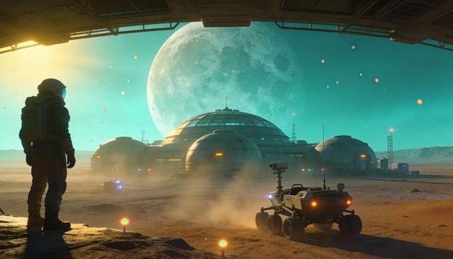Astronaut surveying futuristic domed outpost while rover kicking dust beneath massive moon