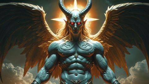 Celestial Horned Warrior with Glowing Halo and Majestic Wings