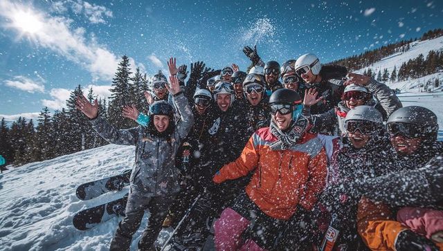 Snowy celebration on mountain slope: skiers and snowboarders cheering together