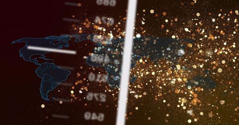 Neon world map revealed by white beam and golden particles for global data visualization