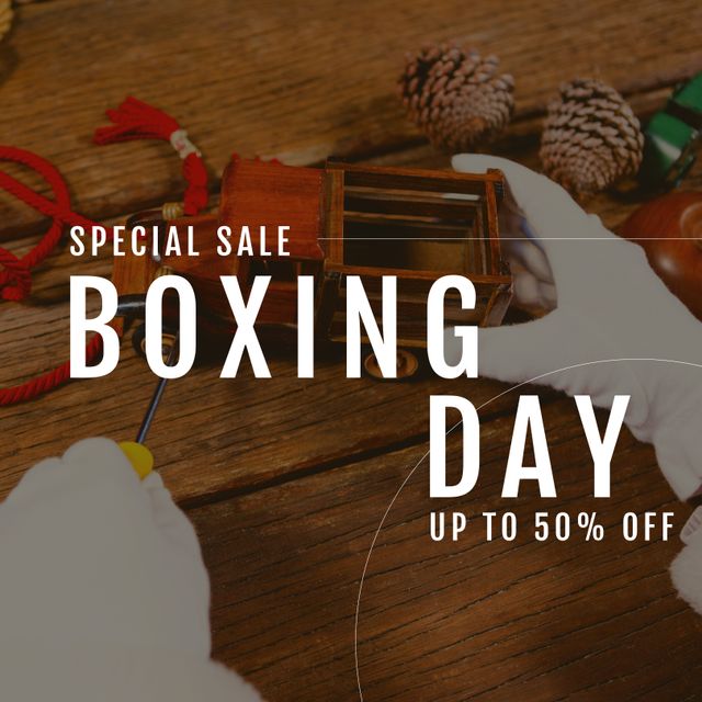 Promotion for Boxing Day special sale highlighting discounts up to 50%, featuring Santa Claus holding a gift. Ideal for advertising holiday sales and promotions, Christmas marketing campaigns, seasonal discounts, and festive online banners.