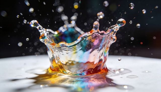 Iridescent liquid crown splash capturing rainbow colors in macro motion