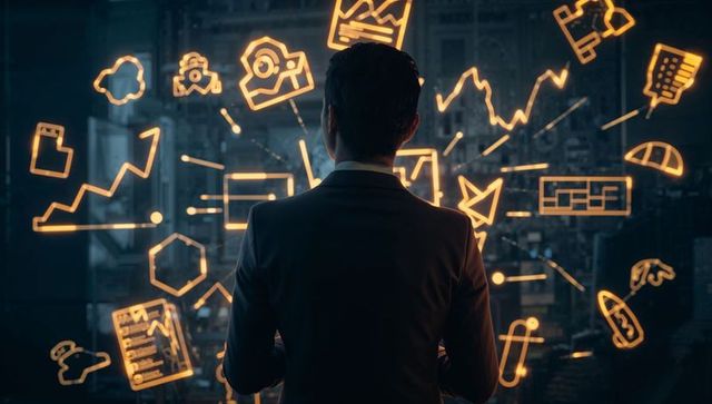 Businessman in suit analyzing holographic analytics and financial charts over city skyline