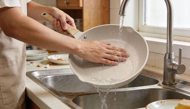 Rinsing ceramic nonstick frying pan under kitchen faucet, hands wearing beige apron