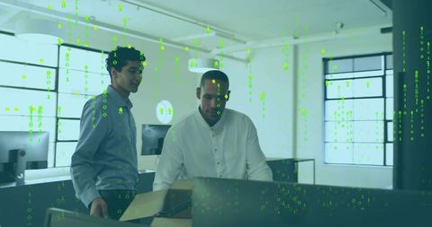 Reviewing monitor and unboxing equipment with floating binary code in modern open office