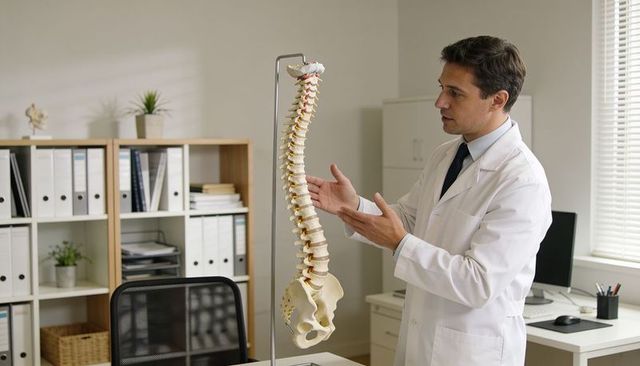 Doctor demonstrating spine model in clinic office explaining anatomy and treatment options