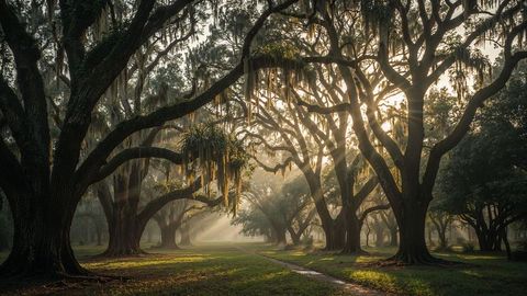 Moss-Draped Live Oaks with Sunlight Beams in Scenic Park