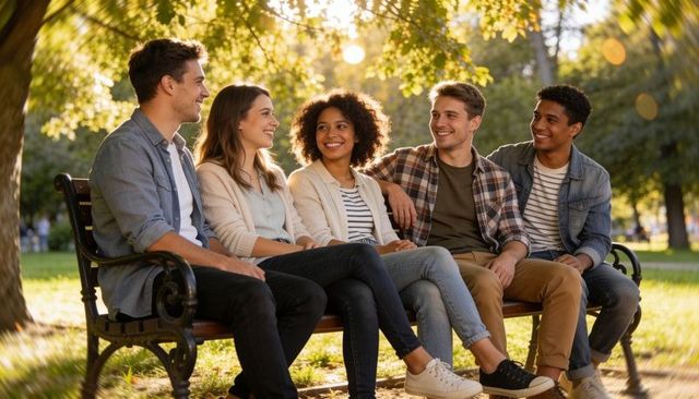 Friends chatting on park bench at golden hour, casual jeans, smiling, outdoor lifestyle