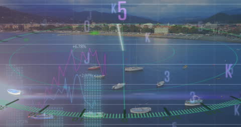 Financial Data Visualization Over Seaside Cityscape