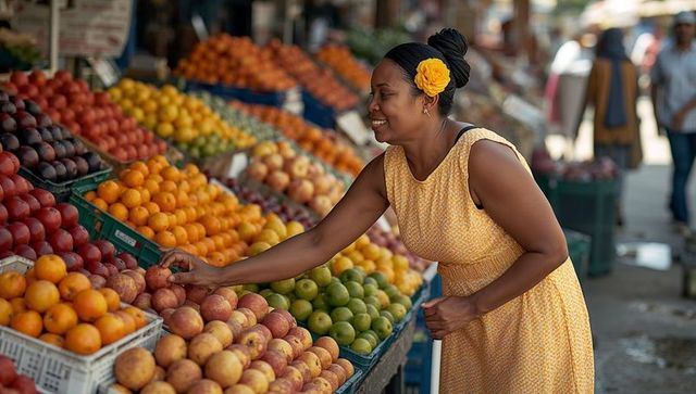 Smiling woman in yellow dress selecting fresh peaches at vibrant outdoor market