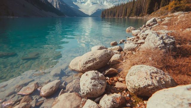 Turquoise Lake with Rocky Shore and Snow-Capped Mountains