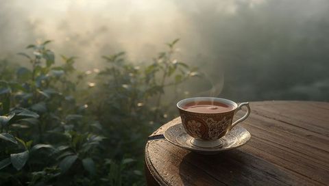 Steaming ornate porcelain teacup resting on rustic wooden table in morning mist