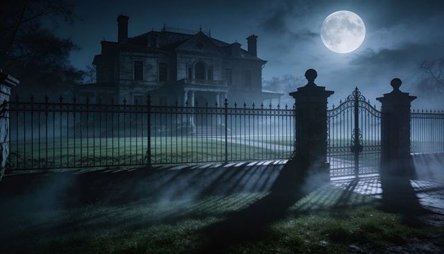 Moonlit Mansion Looming Behind Wrought-Iron Gate with Fog, Long Shadows, Full Moon