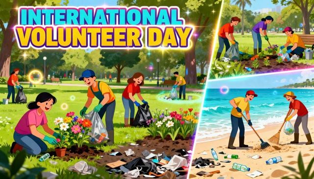 International volunteer day volunteers planting flowers and cleaning park and beach