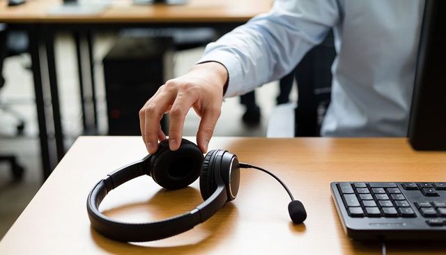 Reaching hand grasping headset with boom mic on office desk near keyboard, remote support