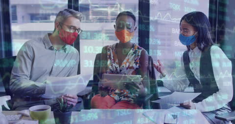 Diverse Business Team Collaborating with Market Data Overlay